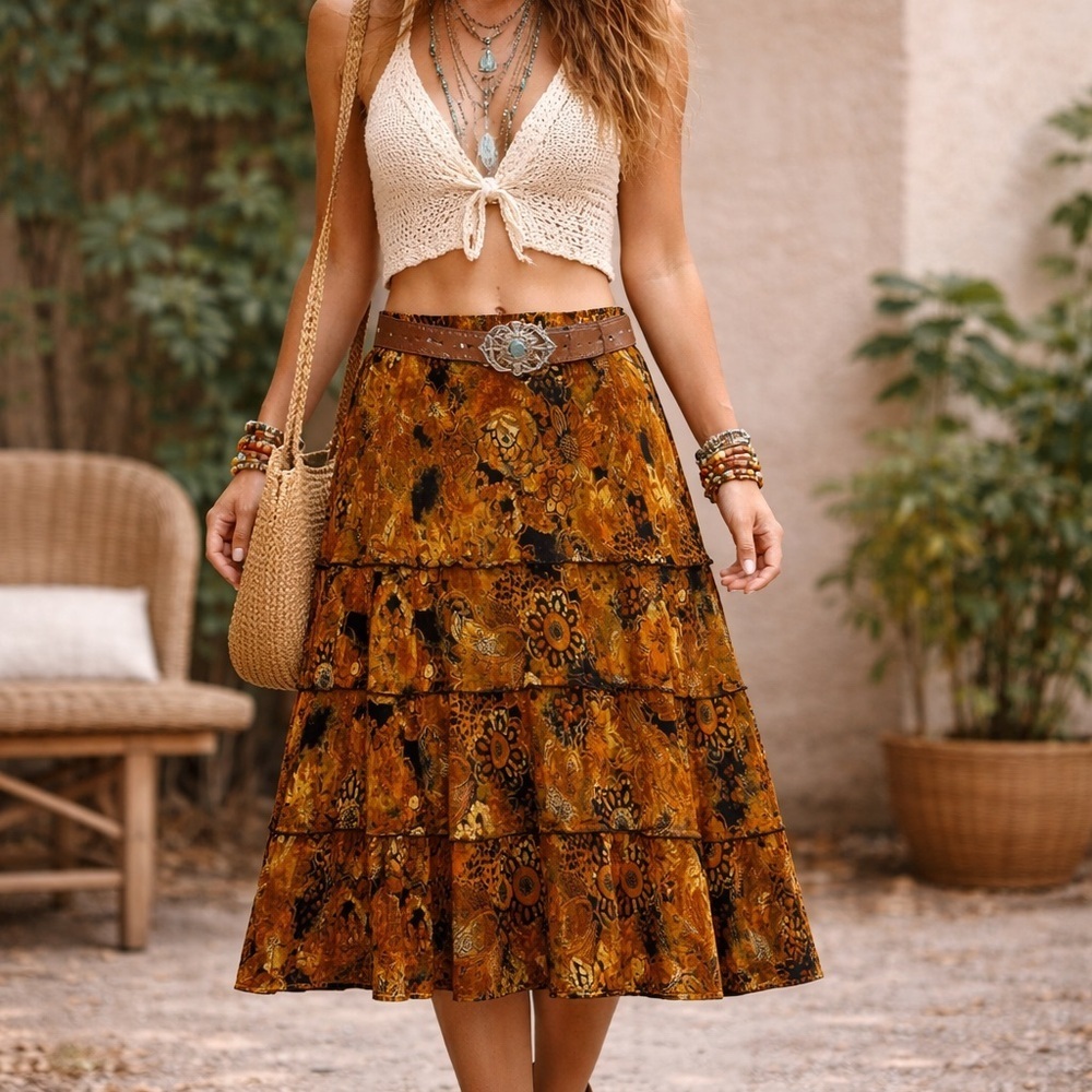 Y2K Boho Tiered Midi Skirt Earthy Tones Festival Cottagecore Size Large